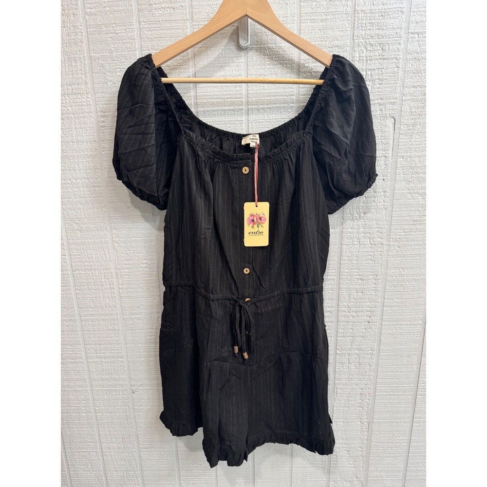 Entro Romper Womens Black Crinkle Puff Sleeve Ruffle Hem Medium